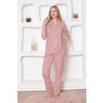 Monox Kadın Önden Düğmeli Kısa Kol Likralı Çizgili Gömlek Pijama Takımı, Kırmızı, XL