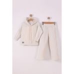 Monox Kız Çocuk Çiçek Baskılı Ipli Şeritli Pantolon Fitilli Polar Takım - Taş - 5 - 6 Yaş