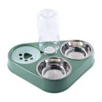 Monozone Kedi Köpek Mama Su Kabı 3in1 Paslanmaz Çelik Mama Kabı Tas Suluk (Yeşil)