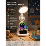 Monozone Rgb Yuvarlak Başlı Masa Lambası Fanlı Saatli 3renk Dokunmatik Şarjlı Kalemlik Telefon Standı Beyaz