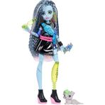 Monster High - Bebek, Frankie Stein göbeği açık kazak ve siyah deri etek köpek Watzie ve kulaklık, kemer çantası ve atıştırmalıklar gibi 7 aksesuar parçası, JHK31