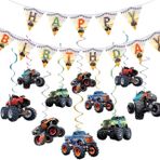 Monster Truck Doğum Günü Partisi Malzemeleri Paketi Canavar Reçel Kamyon Parti Dekorasyonları Üçgen Canavar Kamyon Mutlu Yıllar Afişi, 10 adet Canavar Kamyon Asılı Helezon Çocuk Doğum Günü için