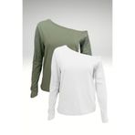 Mood Lab Haki - Beyaz 2'li Kadın Düşük Omuz Kayık Yaka Rahat Kesim Uzun Kollu T-Shirt