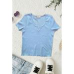 Mood Lab Kaşkorse Crop Slim Fit V Yaka Detaylı Mavi Tişört Badi