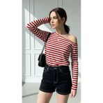 Mood Lab Kırmızı Çizgili Kadın Düşük Omuz Kayık Yaka Rahat Kesim Uzun Kollu T-Shirt