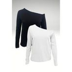 Mood Lab Siyah- Beyaz 2'li Kadın Düşük Omuz Kayık Yaka Rahat Kesim Uzun Kollu T-Shirt
