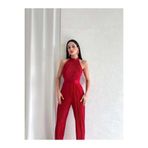 Mooi Butik Misscix Fitilli Kolsuz Halter Yaka Kadın Kırmızı Tulum - Abiye & Mezuniyet Tulum Elbise