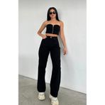 mooishan Siiyah Bol Paça Denim Kumaş Jeans -Simsiyah Solmaz Salaş Palazzo Kadın Kot Pantolon-1