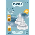 Mooma Kindy Silikon Biberon Emziği, 2'li Paket, 6-18 Ay, Orta Akış, Antikolik Ventilli, Şeffaf