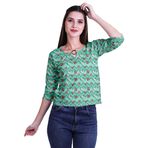 Moomaya Baskılı Anahtar Deliği Yaka Yüzük Üst Günlük 3/4 Kol Tişörtler Tank Tunik Üst, Akuamarin Yeşili, XS