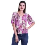 Moomaya Baskılı Günlük Üst Kadın V Yaka Yaz Üst Kısa Kollu Bluz Tişört, Fuşya Pink2, XXL