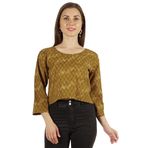 Moomaya Baskılı Kadın Göbeği Açık Üst 3/4 Kol Düğmeli Yuvarlak Yaka Tunik Bluz, Açık Kahverengi, XL