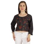 Moomaya Baskılı Kadın Göbeği Açık Üst 3/4 Kol Düğmeli Yuvarlak Yaka Tunik Bluz, Koyu Kahverengi, 3XL