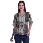 Moomaya Baskılı Yuvarlak Yaka Üst Kadın Dirsek Kollu Bluz Tunik Resmi Giyim, Kahverengi, 3XL