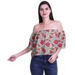 Moomaya Bohem Baskılı Omzu Göbeği Açık Üst Fırfırlı Kol Açık Gri Kadın Bluz