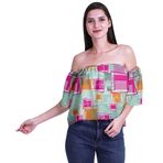 Moomaya Bohem Baskılı Omzu Göbeği Açık Üst Fırfırlı Kol Fuşya Pembe Kadın Bluz