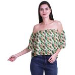 Moomaya Bohem Baskılı Omzu Göbeği Açık Üst Fırfırlı Kol Koyu Cam Göbeği Yeşili Kadın Bluz