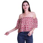 Moomaya Bohem Baskılı Omzu Göbeği Açık Üst Fırfırlı Kol Pembe 2 Kadın Bluz