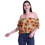 Moomaya Bohem Baskılı Omzu Göbeği Açık Üst Fırfırlı Kol Turuncu Kadın Bluz