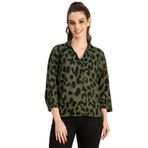 Moomaya Jorjet Baskılı Uzun Kollu Şık Yeşil Olive Green Kadın Gömlek