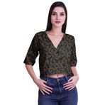 Moomaya Kadınlar için pamuklu üst V yaka Crop Top dirsek kollu yaz bluz tişört, siyah 3, M