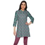 Moomaya Kurti Baskılı Yan Yırtmaçlı Cadet Mavi Kısa Kurta Kadın Tunik