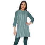 Moomaya Kurti Baskılı Yan Yırtmaçlı Koyu Cam Göbeği Yeşili Kısa Kurta Kadın Tunik