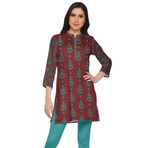 Moomaya Kurti Yan Yırtmaçlı Baskılı Tarçın Kahvesi Kurta Kadın Tunik