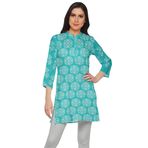 Moomaya Kurti Yan Yırtmaçlı Baskılı Turkuaz Yeşil Kurta Kadın Tunik