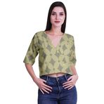 Moomaya Pamuklu Top, Kürk, Kadın V Yaka Crop Top Dirsek Kollu Yazlık Bluz Tişört, Açık Sarı, XL