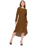 Moomaya Rayon Solid Dar Kesim Yuvarlak Yaka Uzun Kollu Kahverengi Kadın Elbise