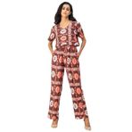 Moomaya Rayon V Yaka Tam Bacak Baskılı Zarif Mercan Kadın Tulum