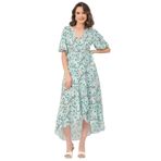 Moomaya V Yaka Şal Baskılı Jorjet Kısa Kollu Elbise - Kadın Şal Elbise, yeşil (Mint Green), M