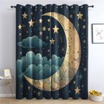 Moon and Star Termal Karartma Perdesi Çocuklar için 2'li Set Baskılı Perde Oturma Odası Yatak Odası Mutfak İç Delikli Perdeler ve Perdeler için 75 x 166 cm (GxY)