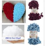 Moonaja Puffy Taraftar Kalp Yastık Yapım Seti - Iki Adet Puffy Yün ve 200GR Inci Elyaf - 35 x 34 cm - Bordo