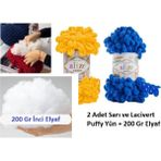 Moonaja Puffy Taraftar Kalp Yastık Yapım Seti - Iki Adet Puffy Yün ve 200GR Inci Elyaf - 35 x 34 cm - Lacivert