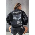 MOONBULL Ünisex Siyah Bronlyn 1898 Sırt Baskılı Bisiklet Yaka Oversize Sweatshirt