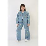 Moonch Kız Çocuk Çiçek Nakışlı Kot Takım – %100 Pamuk Denim Ceket ve Pantolon – Günlük Rahat Jean Kombin - 9 - 10 Yaş - Mavi