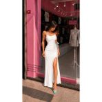 Moonstyle Collection Yırtmaç Dekolteli Uzun Gece Elbisesi Mezuniyet Elbisesi - Beyaz - XS