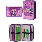 Mor Kalpli Kızlar Desenli Pvc Üç Bölmeli Kız Çocuk Organizer Kalemlik Kalem Kutusu -CP7002 - Mor - Açık Pembe