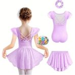 Mor Lila Jimnastik - Bale - Etekli Cimnastik Kıyafeti Mayo - 3 Lü Set - Mor - Lila - 9 - 10 Yaş