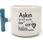 Mor Mürekkep Aşkın Her Hali Güzeldi Baskılı Mavi Kulplu T Kupa - Açık Gri - Beyaz - 200 ml