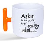 Mor Mürekkep Aşkın Her Hali Güzeldi Baskılı Turuncu Kulplu T Kupa - Açık Gri - Beyaz - 200 ml