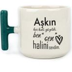 Mor Mürekkep Aşkın Her Hali Güzeldi Baskılı Yeşil Kulplu T Kupa - Açık Gri - Beyaz - 200 ml