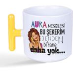 Mor Mürekkep Aura Meselesi Bu Şekerim Baskılı Sarı Kulplu T Kupa - Açık Gri - Beyaz - 200 ml