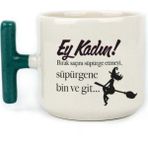 Mor Mürekkep Ey Kadın! Baskılı Kadınlar Günü Yeşil Kulplu T Kupa - Açık Gri - Beyaz - 200 ml