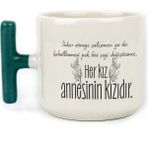 Mor Mürekkep Her Kız Annesinin Kızıdır Baskılı Yeşil Kulplu T Kupa - Açık Gri - Beyaz - 200 ml