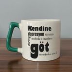 Mor Mürekkep Kendine Depresyon Teşhisi Koymadan Önce Baskılı Yeşil Kulplu D Kupa - Açık Gri - Beyaz - 200 ml