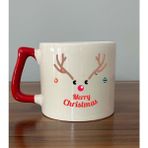 Mor Mürekkep Merry Christmas Geyik Baskılı Kırmızı Kulplu D Yılbaşı Kupası - Açık Gri - Beyaz - 200 ml