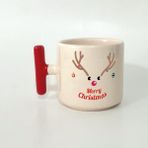 Mor Mürekkep Merry Christmas Geyik Baskılı Kırmızı Kulplu T Yılbaşı Kupası - Açık Gri - Beyaz - 200 ml